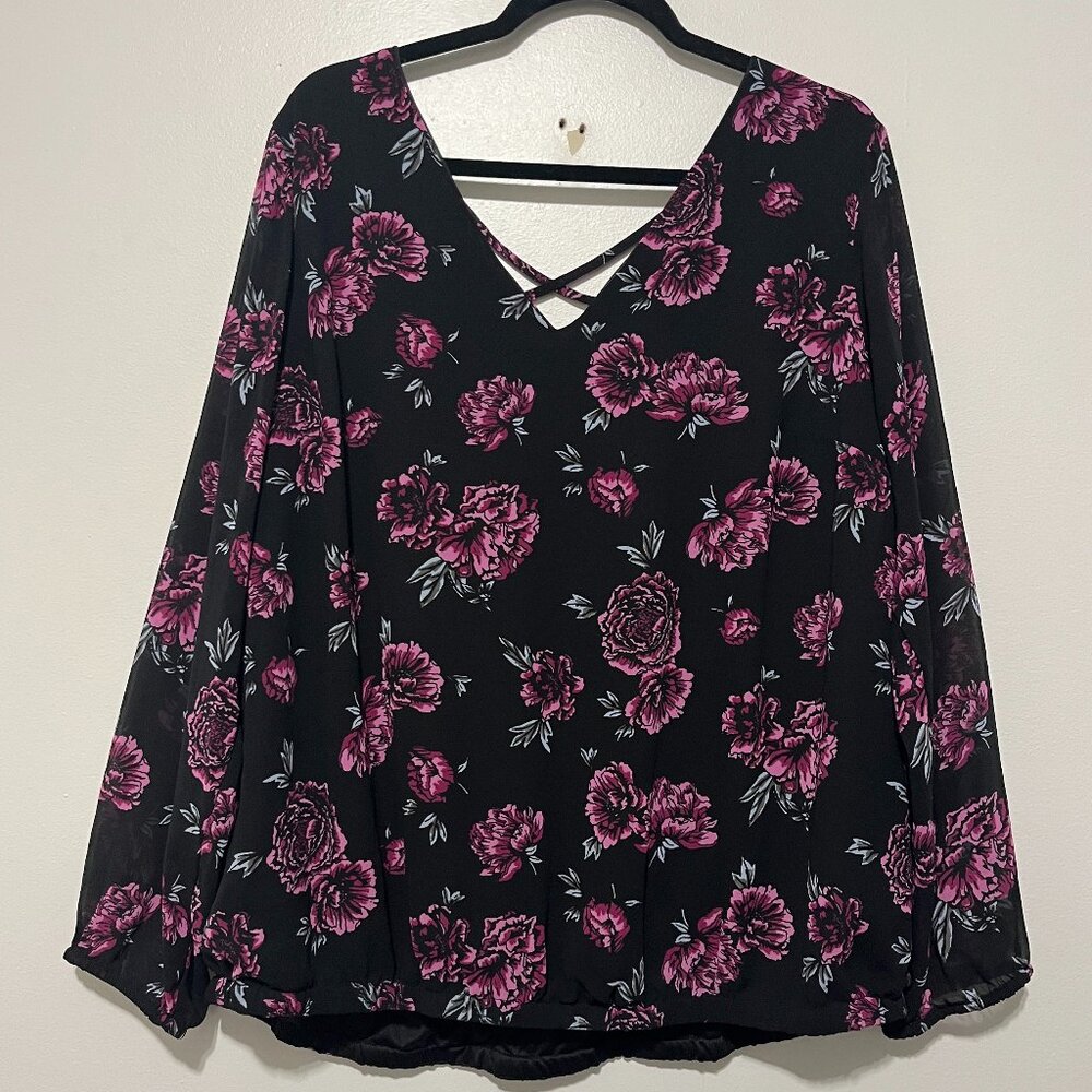 Torrid Womens Dark Floral Blouse 2X Fairy Grunge Whimsigoth Sheer Balloon Sleeve
